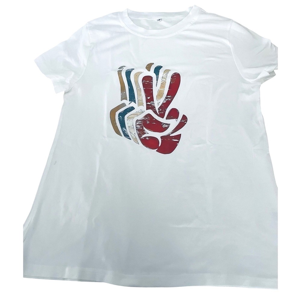 White Peace Sign Graphic T-Shirt Womens Small Short Sleeve Crewneck